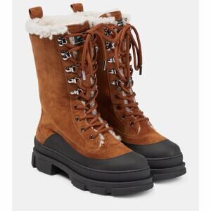 Jimmy Choo Aldea Lace-Up Shearling Lined Suede Camel Brown Mid Calf Boots